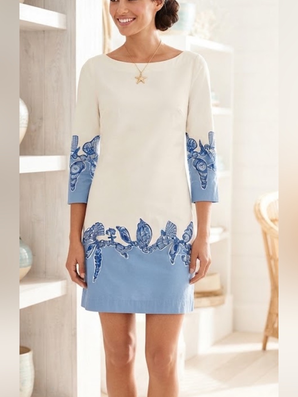 Lilly Pulitzer White and Blue Shell-Print Shift Dress Sz 8 Nautical Coastal